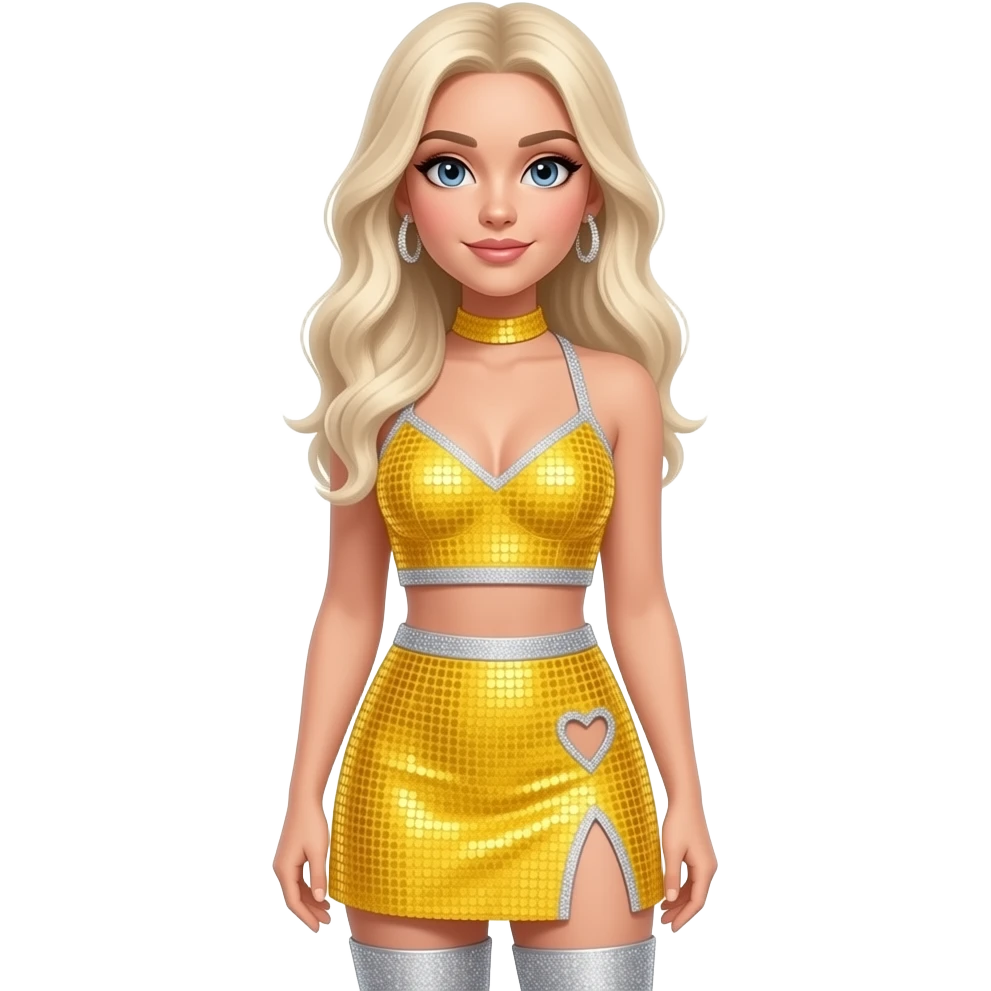 Sabrina Carpenter platinum blonde hair wears a vibrant yellow sequined two-piece set featuring a halter-style crop top with a pointed hem and a matching mini skirt with a slit . Both pieces are edged in silver glitter trim. Silvery glittery rhinestone boots with heart cut out at side emoji