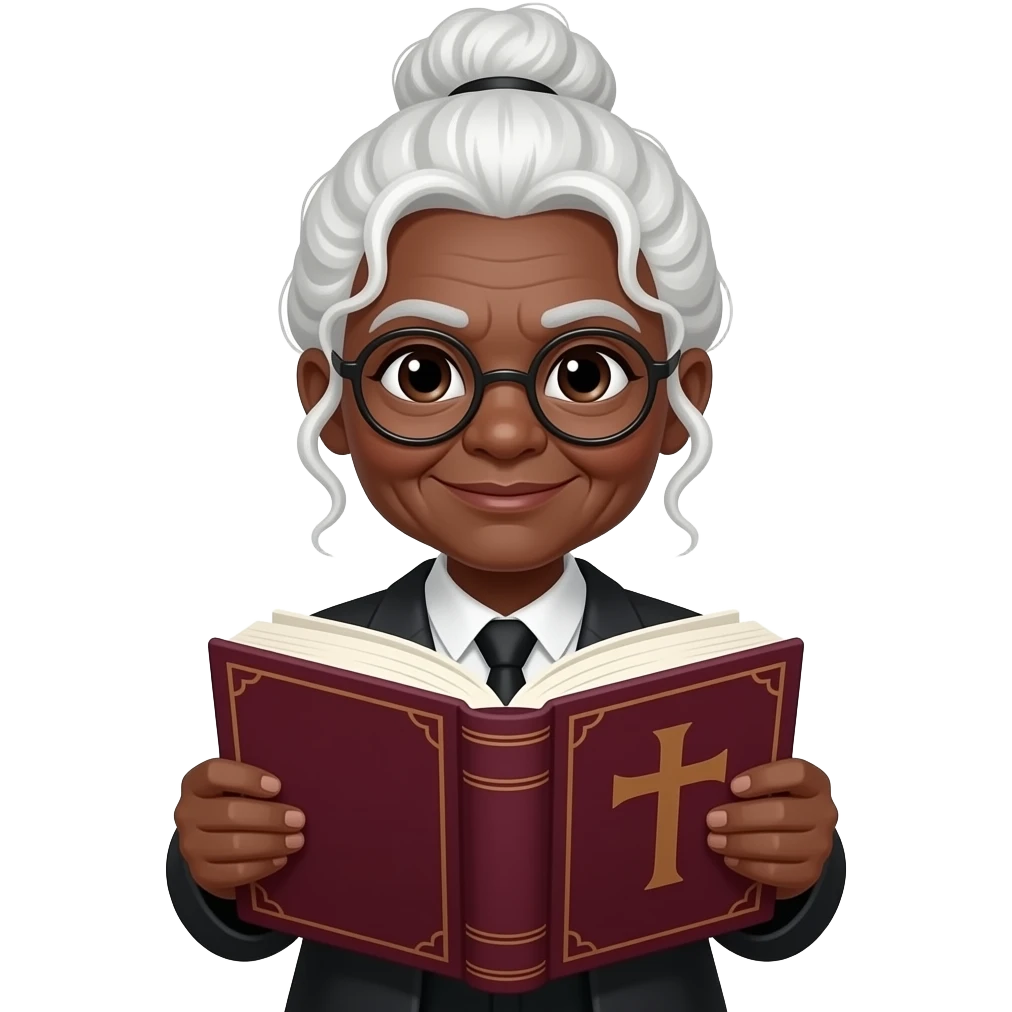 wise old woman with white hair tendrils in a bun black skin with burgundy book that has a cross on it emoji
