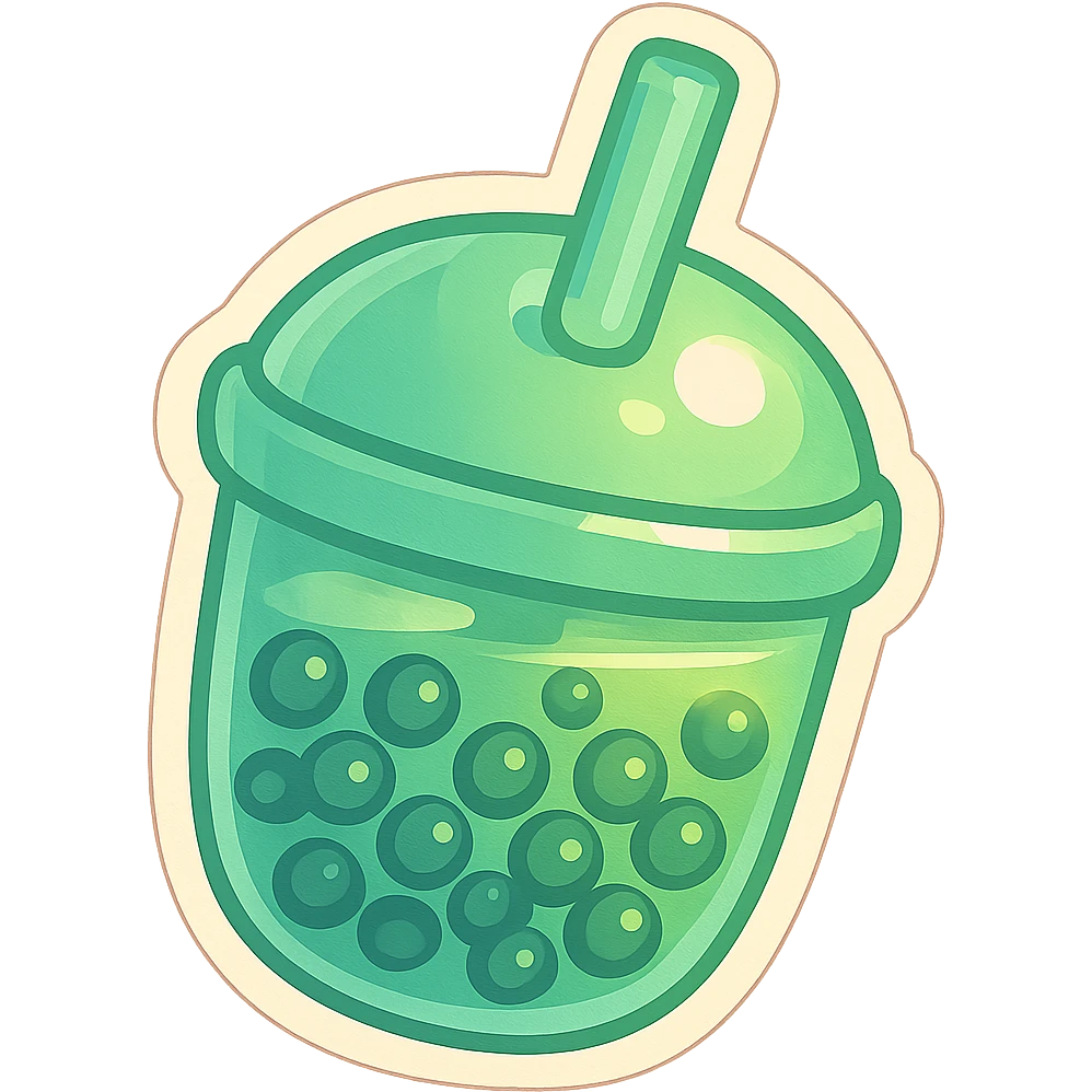 cute rounded pastel green bubble tea cup with straw, very round and soft, lots of semi-transparent tapioca pearls with expressive shadows and highlights, playful dimensional charming retro sticker style emoji