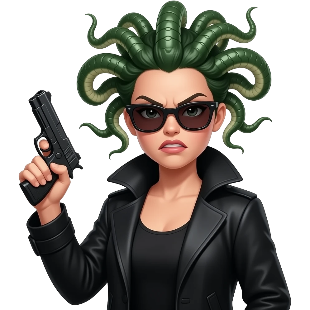 Angry beautiful female Medusa in black coat with sunglasses holding gun emoji