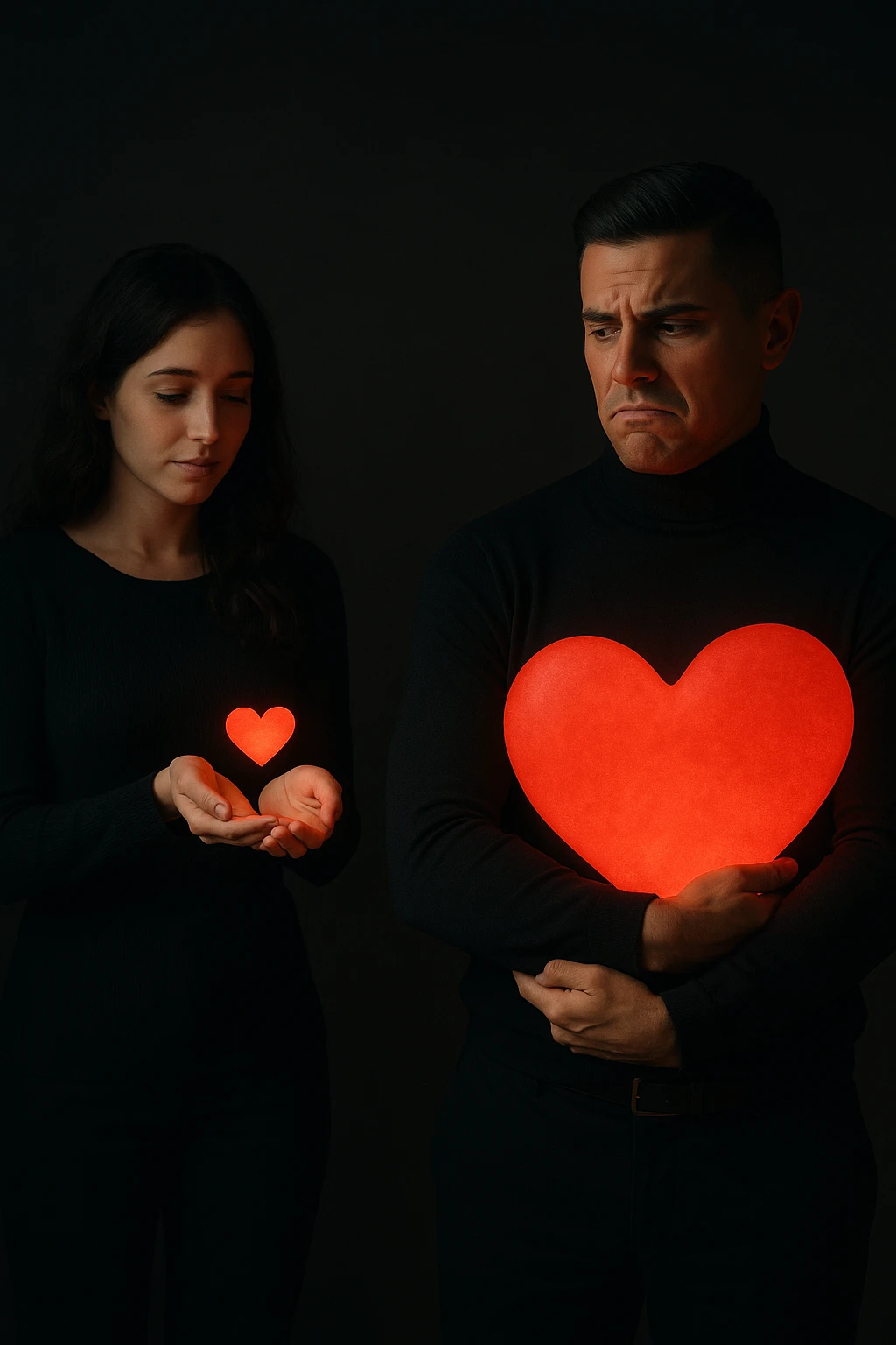 an Italian man in his 30s with olive skin and dark hair stands apart from a woman who offre un piccolo cuore luminoso tra le mani. Lui guarda il cuore con un’espressione triste e insoddisfatta, tenendo tra le braccia un cuore molto più grande e brillante, mentre la distanza tra loro è accentuata da luci soffuse e ombre. emoji