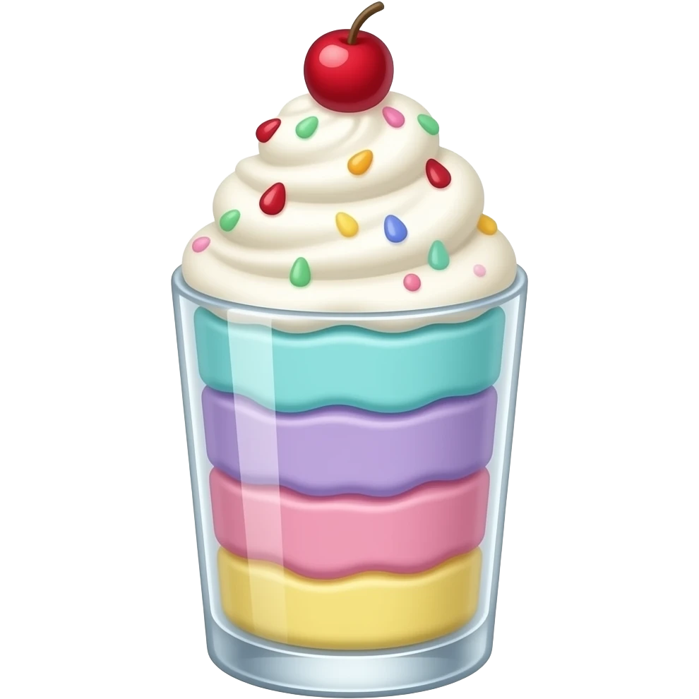 sundae dans un verre transparent, multicolore pastel, turquoise, mauve, rose, jaune, étagé emoji