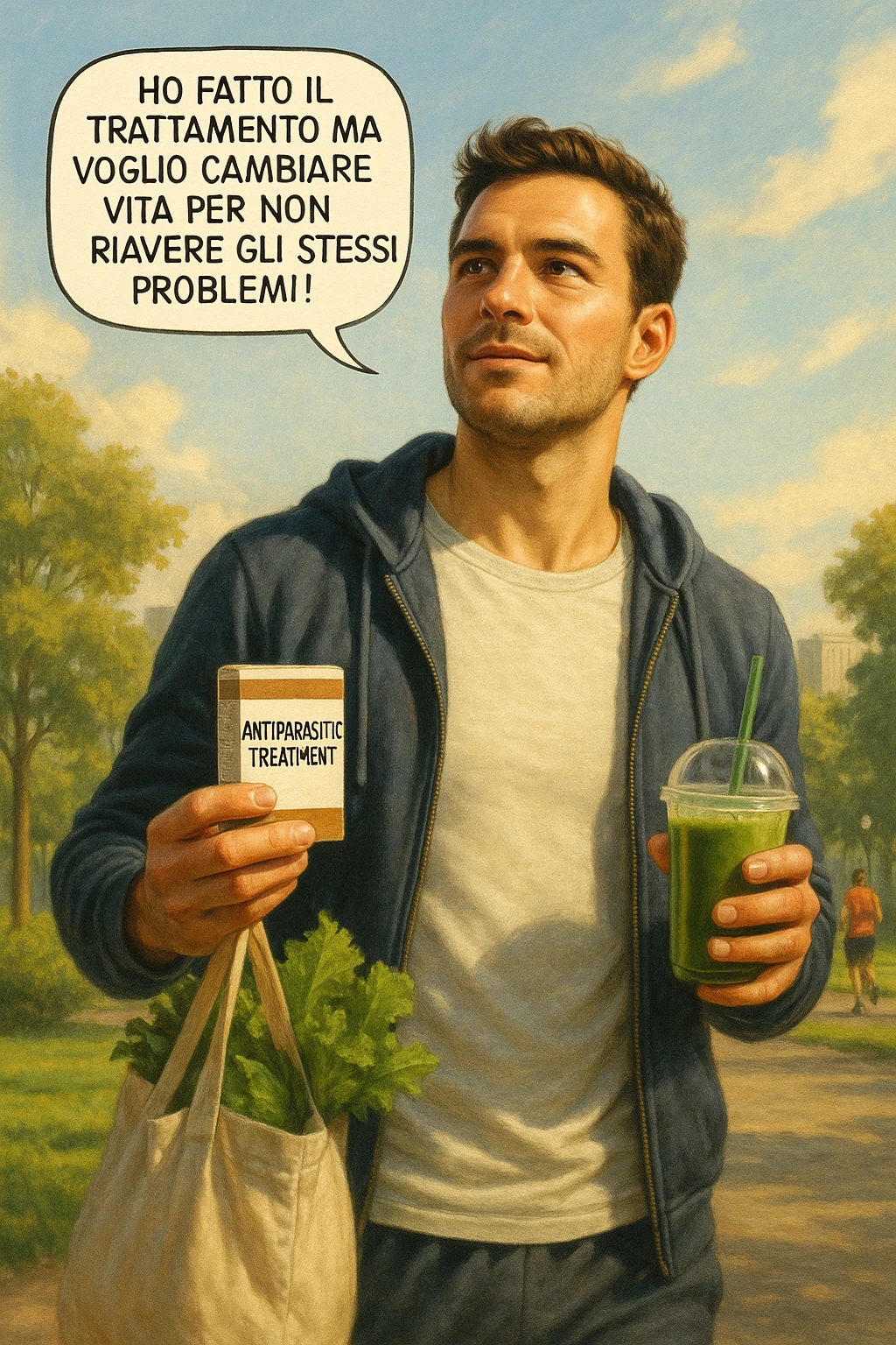 A realistic, cinematic illustration of a man in his early 30s with a determined and hopeful expression, standing outside under a bright morning sky, holding a small box labeled 'Antiparasitic Treatment' in one hand, while in the other hand he holds a fresh green smoothie or a bag of vegetables. A speech bubble near him says: ‘Ho fatto il trattamento ma voglio cambiare vita per non riavere gli stessi problemi!’ The man is wearing casual but clean and sporty clothing, symbolizing a fresh start, with the background showing a city park with green trees, morning light, and people jogging, indicating a healthy lifestyle. The atmosphere is bright, uplifting, and motivating, clearly illustrating the transition from treatment to lifestyle change to prevent future health issues. The style is realistic with warm tones, showing positive energy and commitment to change in italiano emoji