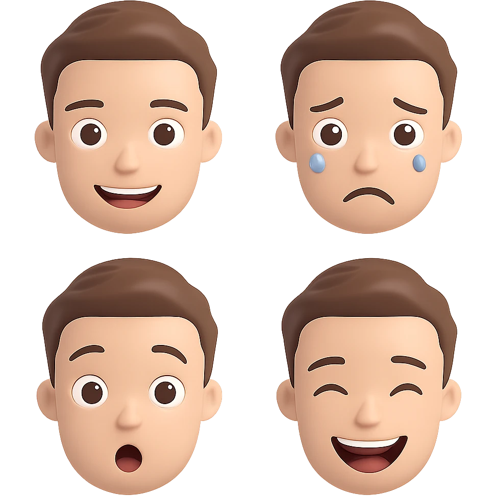 Create a set of emoji faces from this 3D cartoon male character in a Bitmoji-like style. Include happy, sad, surprised, and laughing expressions. The emojis should be suitable for emoji use with a transparent background. emoji