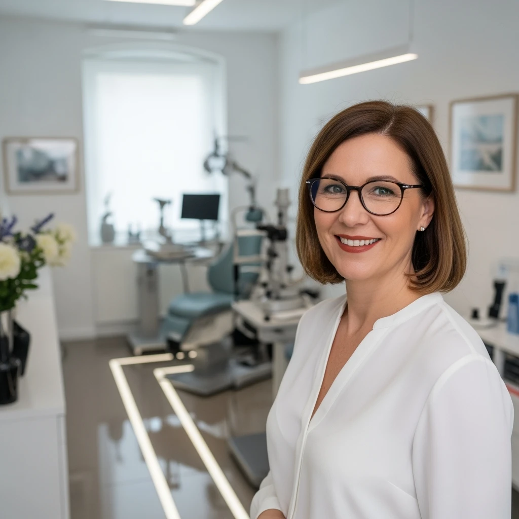 Cinematic still of a smiling european white woman with glasses smiling, minimalistic ophthalmologist interior in background, leading  lines, "rule of thirds" emoji