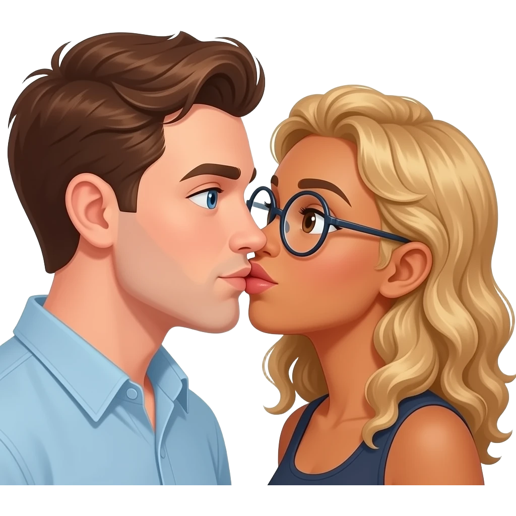Homme blanc cheveux châtain avec yeux bleu et fille métisse cheveux bouclés marrons et blonds avec des yeux marrons et des lunettes rondes qui s’embrassent avec amour et passion emoji