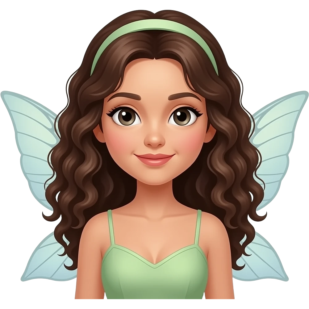 brunette fairy with wings and curly hair and hairband emoji