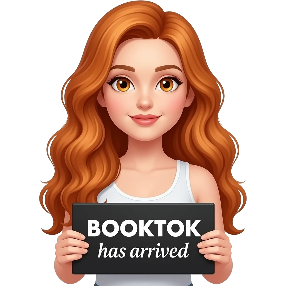 sexy girl with long wavy ginger hair and ginger eyes wearing a white tanktop is holding a black colored sign with BOOKTOK has arrived written on it emoji