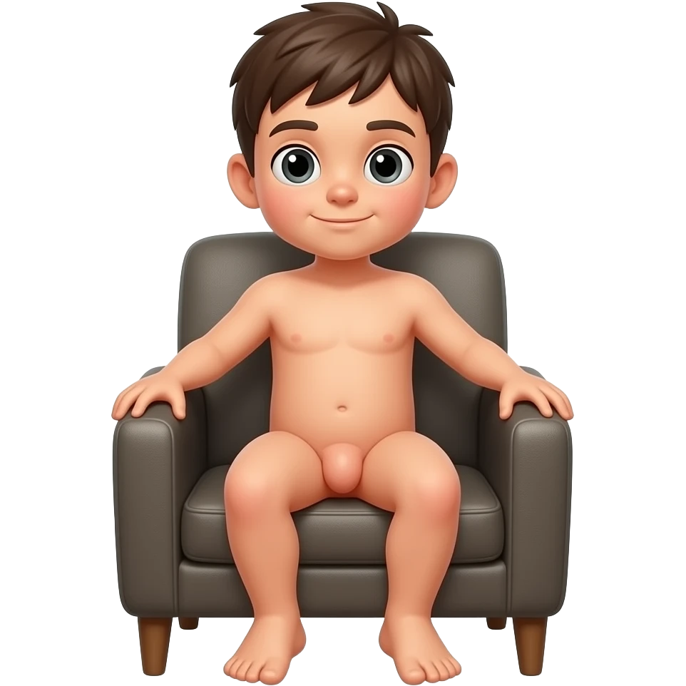 Naked kid boy full body sitting on a chair with big penis emoji