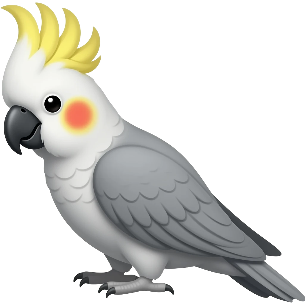 una cacatua ninfa con el cuerpo de color gris  la cabeza color amarillo y que tenga las mejillas de color rojo emoji
