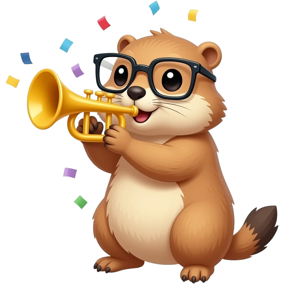 A cute prairiedog with square Glasses blowing on a party horn with confetti all around emoji