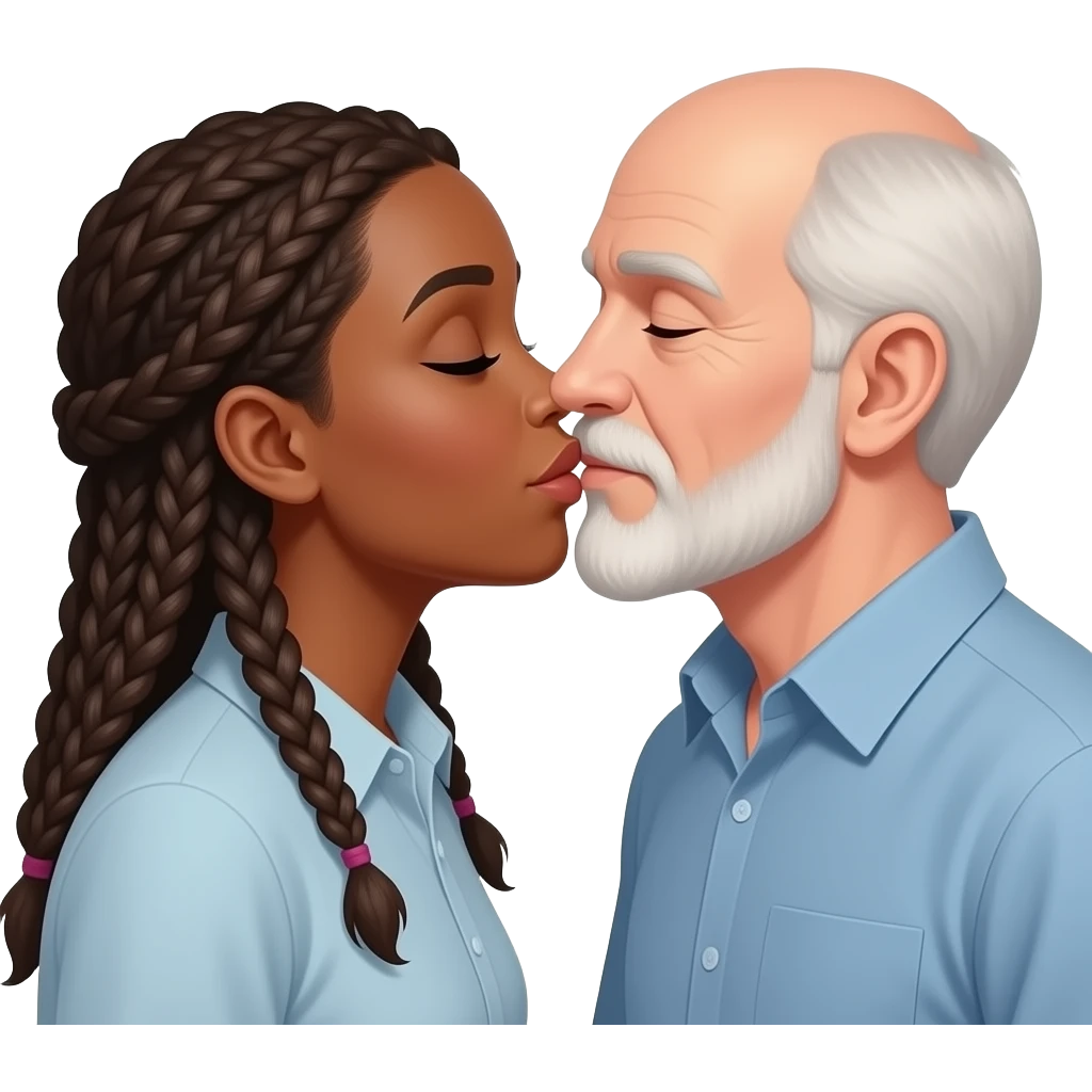 Black woman with long braids kissing older white bald man no beard or mustache emoji