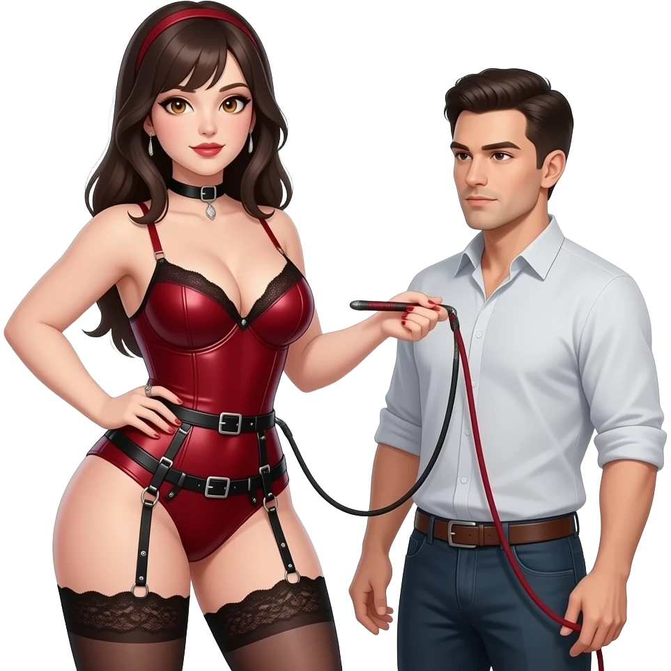 Dominatrix wearing a darkred bdsm style harness lingerie. White skin, chubby, halflong dark hair, hazel eyes. Whipping a man emoji