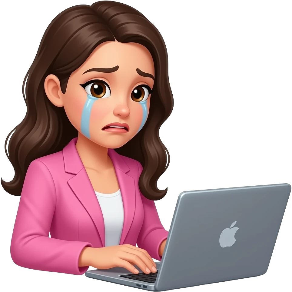 brunette woman wearing pink blazer working on laptop making a heartbroken face emoji