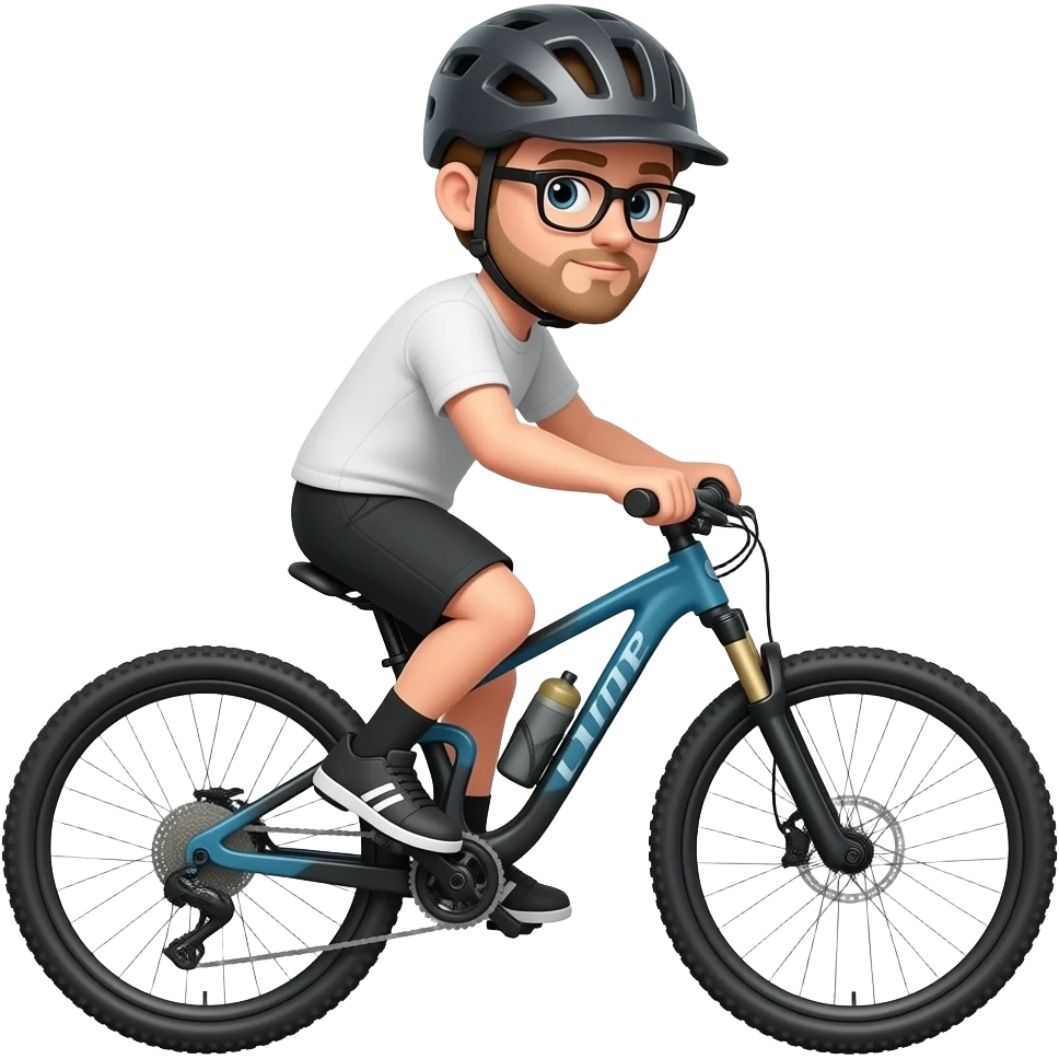 light brown hair guy with a helmet, glasses  and a small beard doing mountain bike emoji