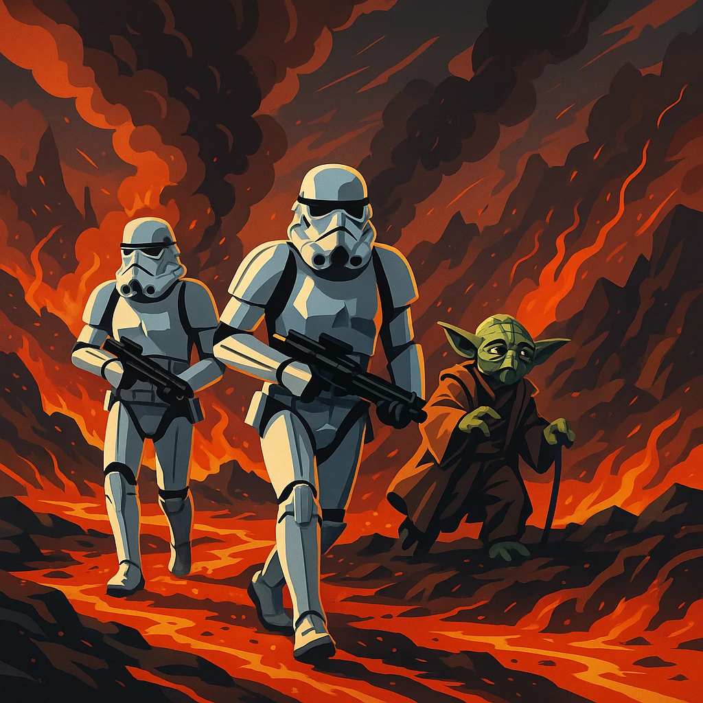 vector art of a Starwars stormtroopers is walking on lava planet with yoda, battleground background

 emoji