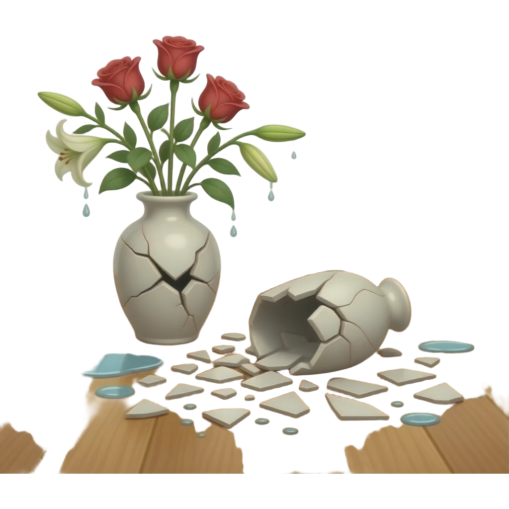 A shattered vase on the floor, broken into pieces. Flowers scattered around with petals and bent stems, water spilled creating small puddles. emoji