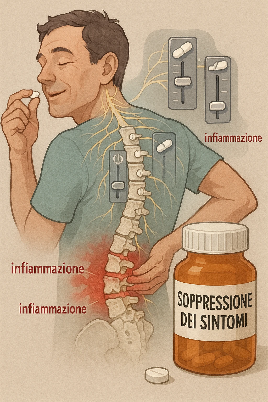 Man taking pain medication for chronic back pain, pills shown as dimmer switches turning down pain signals in transparent nervous system overlay, underlying spinal damage remaining completely untreated and worsening, expression of temporary relief masking progressive deterioration, medication bottle labeled 'symptom suppression' not 'cure', root cause inflammation continuing to spread in italiano emoji