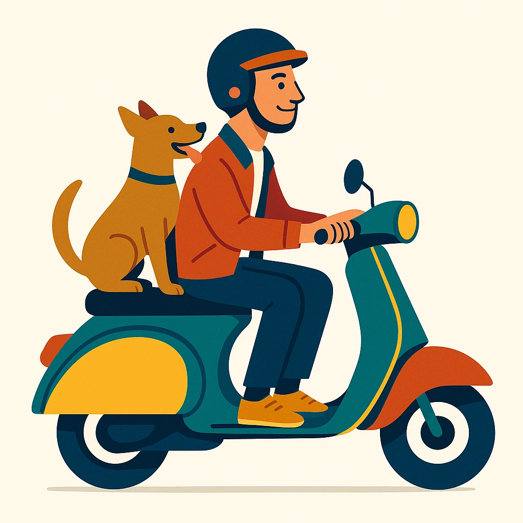 vector art of a man and his pet dog riding a vespa, for website design  emoji