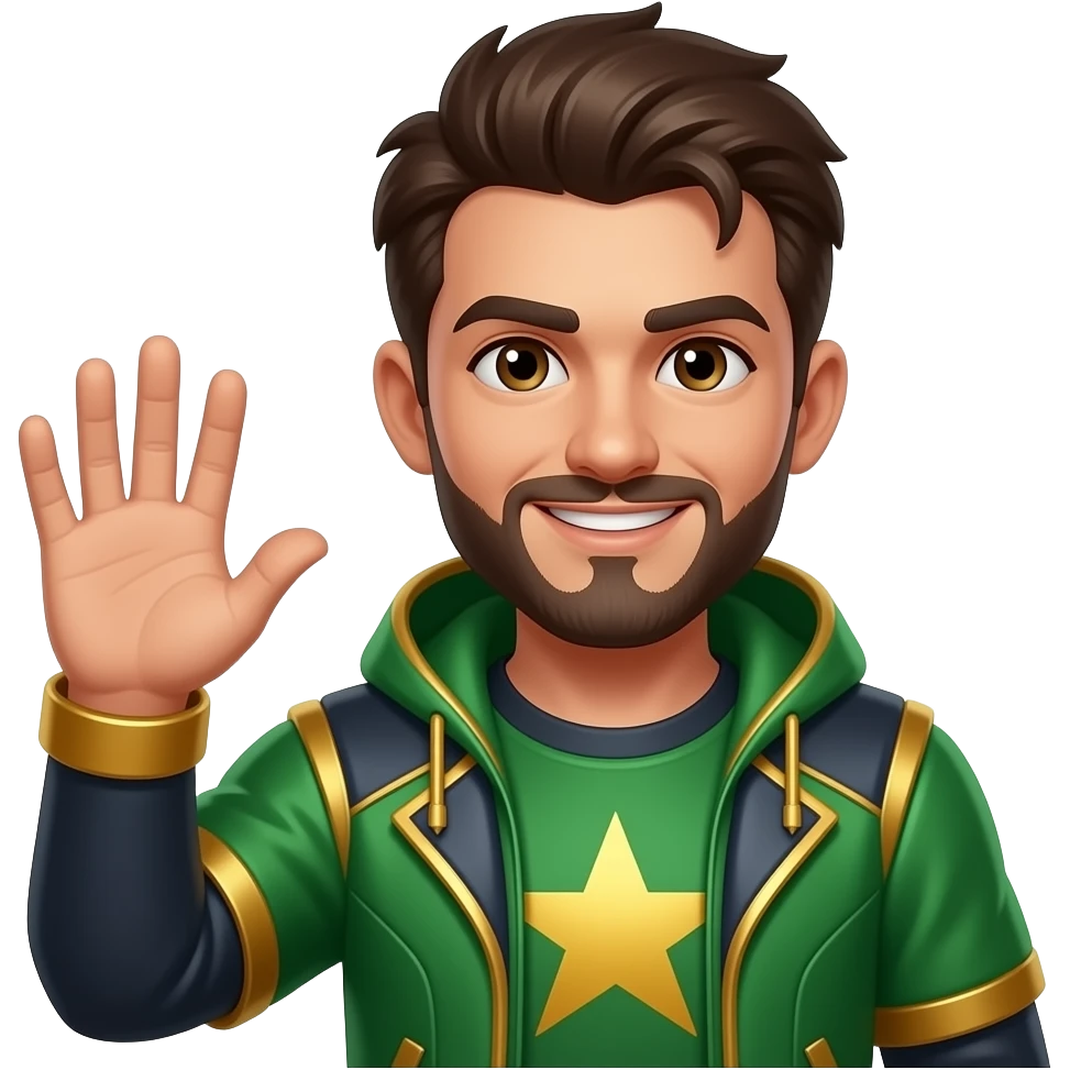 gamer wearing green and gold, waving emoji