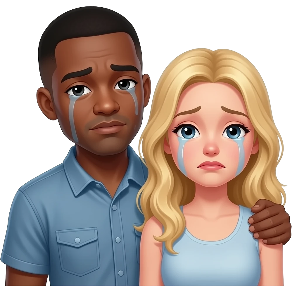 Crying Black man with shaved saying goodbye to crying blonde girlfriend emoji