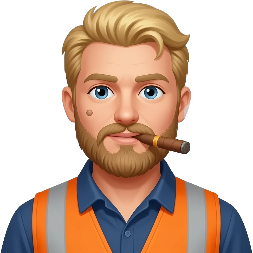 Big Blonde hair Guy with a beard and mole on cheek , smoking a cigar Wearing a construction vest emoji