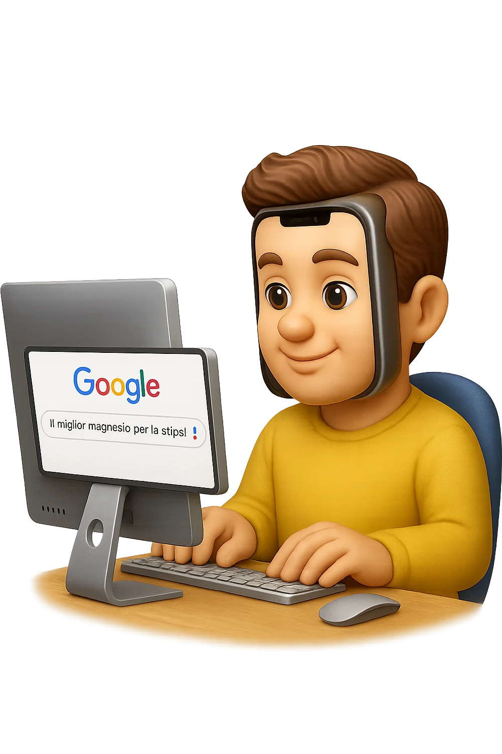emoji stile iphone di un uomo davanti al pc che cerca di google: "Il miglior magnesio per la stipsi", iperrealistico 4k emoji