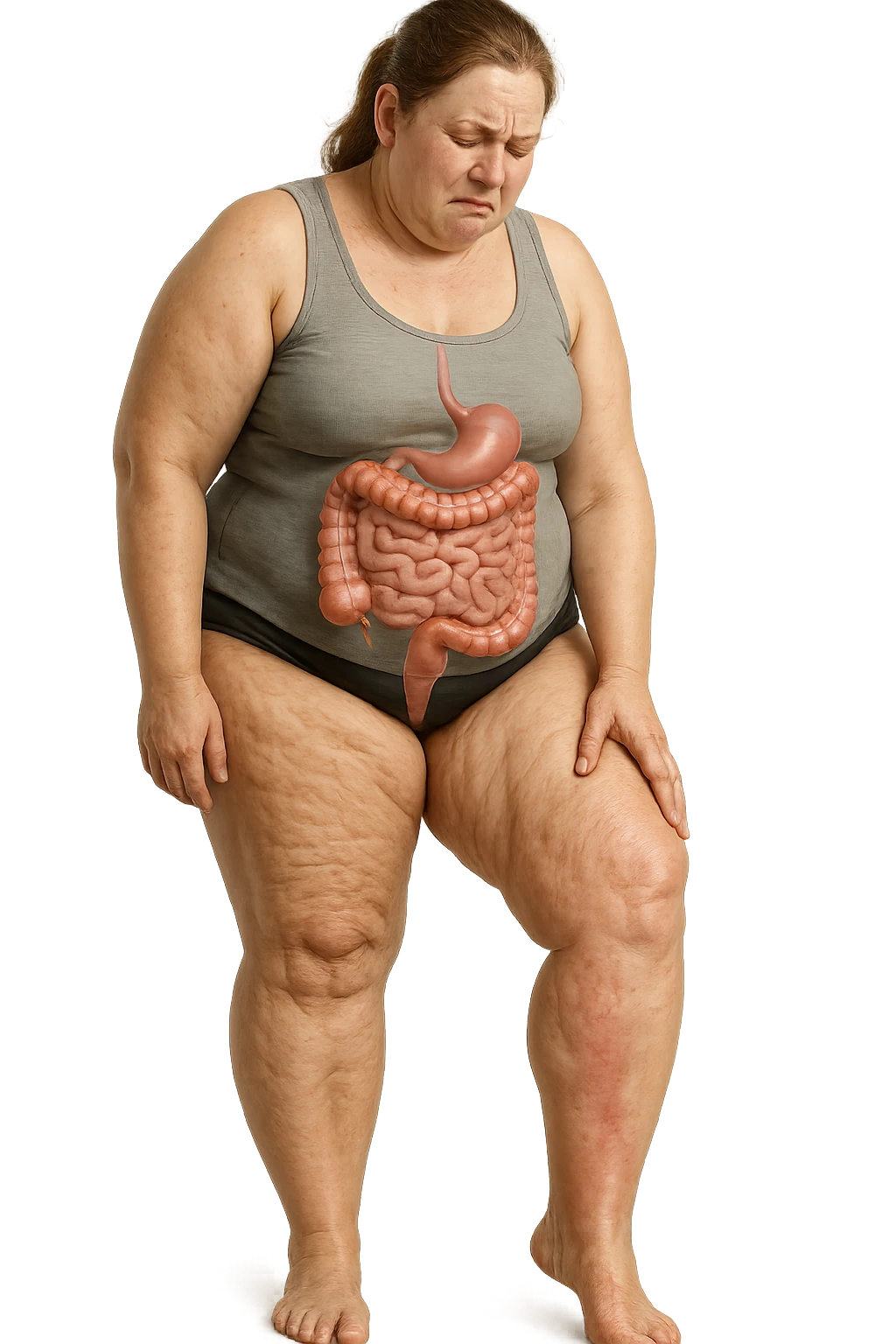 DONNA REALISTICA A FIGURA INTERA CON CELLULITE E GAMBE PESANTI E DOLORANTI, INTESTINO ANATOMICO IN EVIDENZA, CELLULITE VISIBILE, SI TOCCA LA GAMBA CON ESPRESSIONE DI FASTIDIO IN VOLTO, IPERREALISTICA 4K emoji