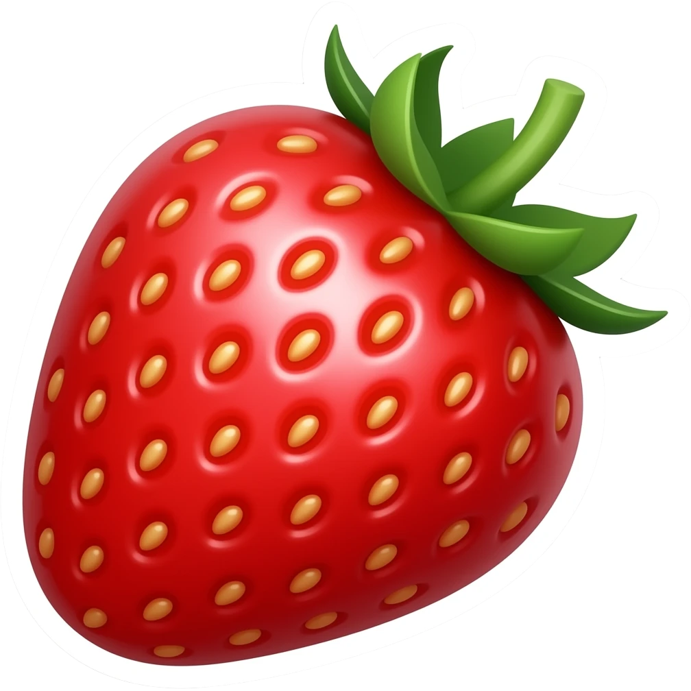 A high-quality sticker of a strawberry, bright red, 3/4 view, small and rounded, glossy emoji-style, with soft shadows, white outline, isolated on transparent background. emoji