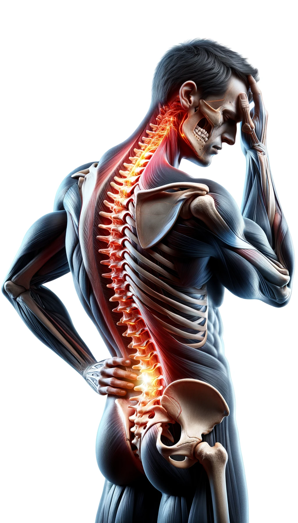corpo umano anatomico con mal di schiena, espressione di dolore in volto, spina dorsale in evidenza, iperrealistico 4k , sfondo bianco emoji