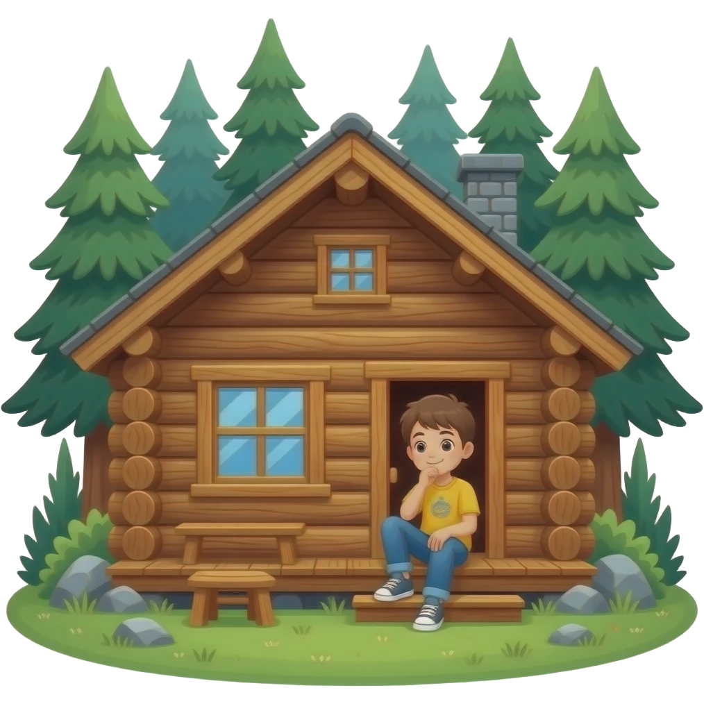 Chico relajado que está disfrutando en una cabaña de madera entre el bosque emoji
