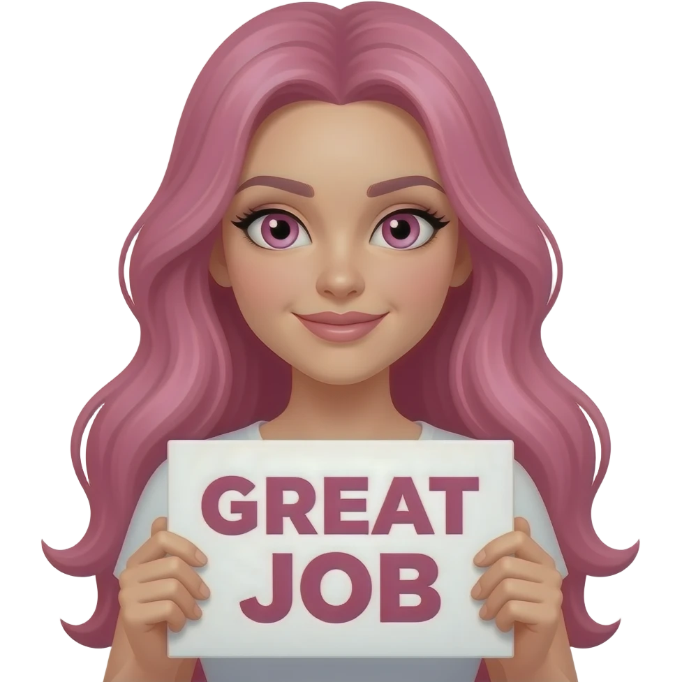 sexy girl with long pink hair and pink eyes wearing a holding a GREAT JOB sign emoji