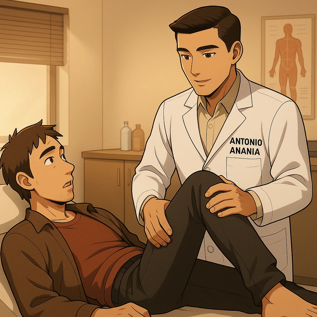 fai un webtoon manga a colori con questo stile, in cui un uomo è steso sul lettino medico e il kinesiologo con il camice bianco (fagli anche la scritta "ANTONIO ANANIA" SUL CAMICE, gli solleva una gamba per fargli il test neuromuscolare, IL KINESIOLOGO SPIEGA ALL'UOMO UNA cosa mentre gli alza la gamba. non fare i fumetti però, fai solo in modo che sembri stiano parlando emoji