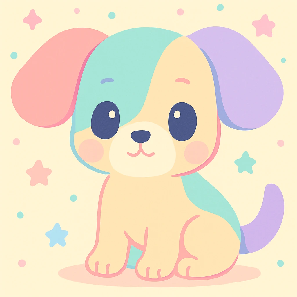 cachorro com orelhas grandes, estilo delicado e colorido de Hikaru Kotz, traços suaves, cores vibrantes, expressão curiosa, detalhes artísticos, fundo claro emoji