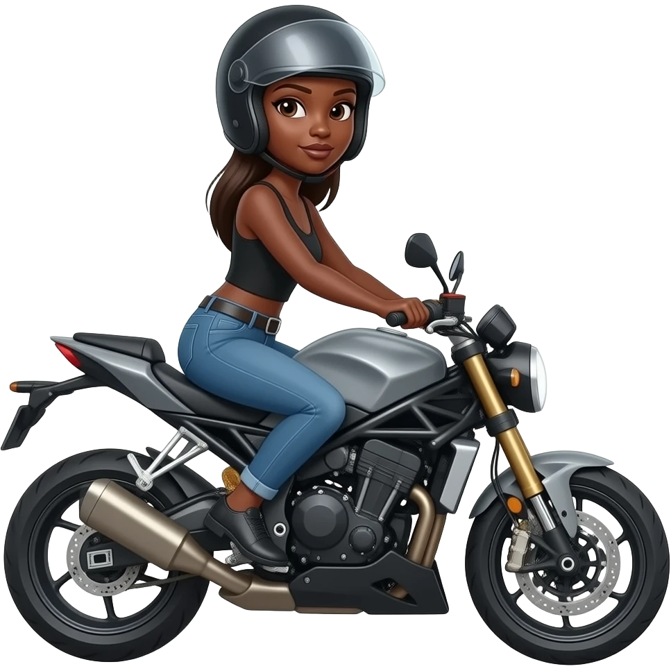 Mujer morena de csbello lacio en moto gris con vasco negro emoji