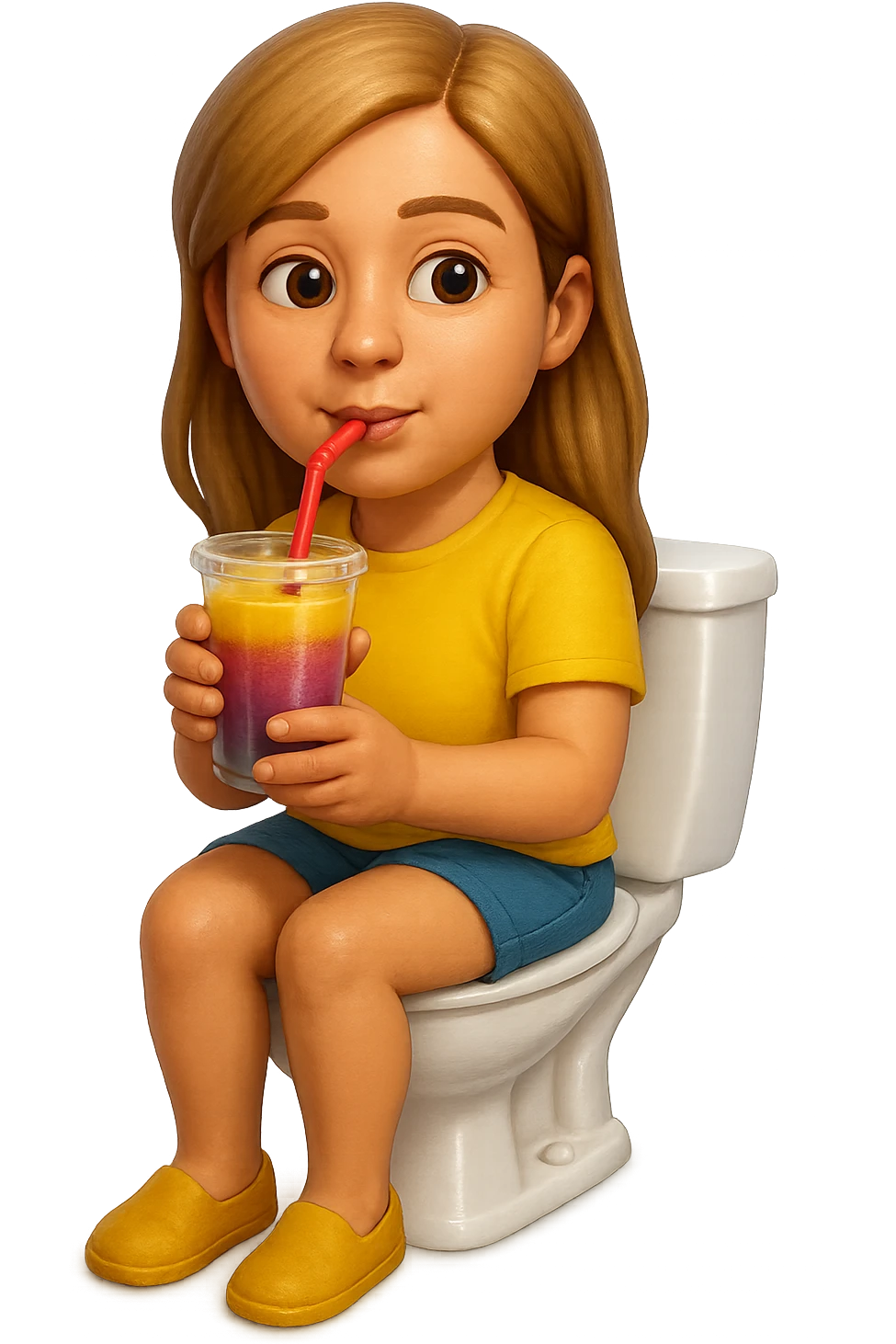 emoji stile iphone di una donna seduta sul wc che beve uno smoothies colorato, iperrealistico 4k emoji