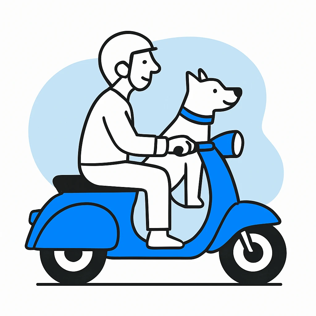 man and his pet dog riding a vespa emoji