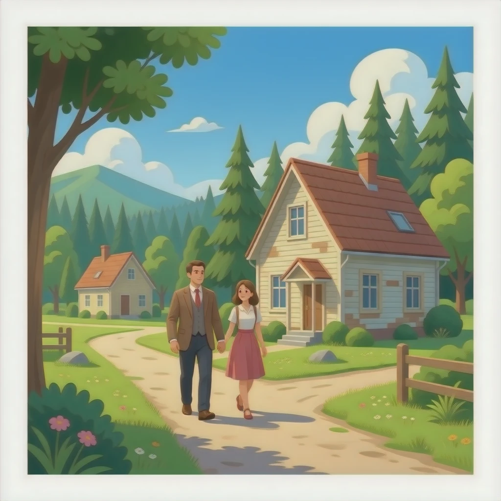 un publo con un bosque y casa de epoca 2026 con personas que sea realistas unseñor y una señotajovenes emoji