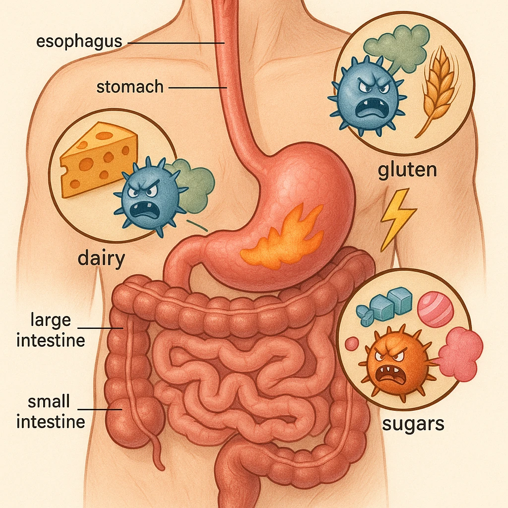 Anatomical illustration: human torso section focusing on stomach and intestines. Inside, stylized parasites react aggressively to dairy, gluten, and sugars (foods highlighted). The parasites release symbolic toxins like colored gas and lightning bolts. Medical illustrative style. emoji