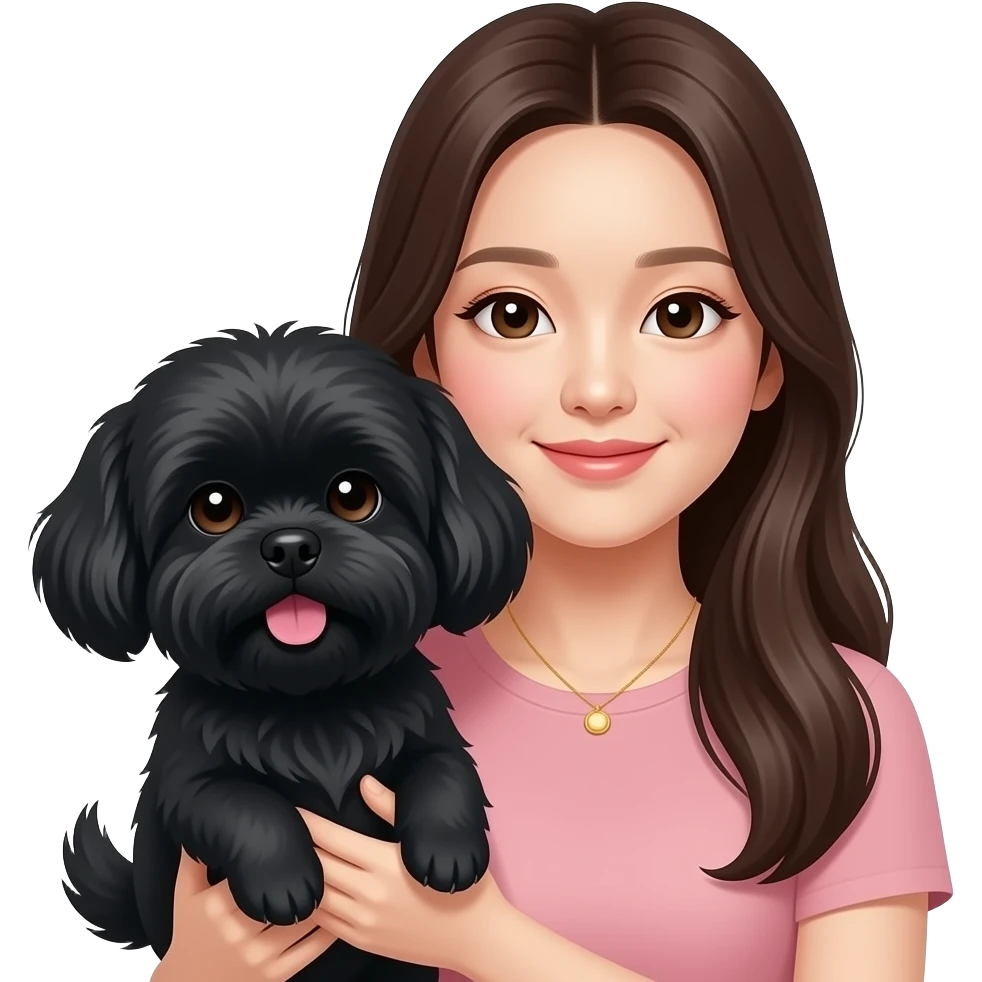 small eyes long hair korean lady holding black shih tzu emoji