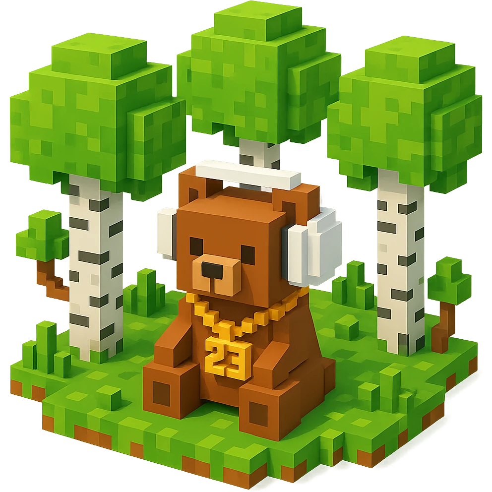 березовый лес, в котором сидит бурый медвежонок в белых наушниках (наушники должны закрывать уши медведя), на медведе цепь с подвеской "23", no background  emoji