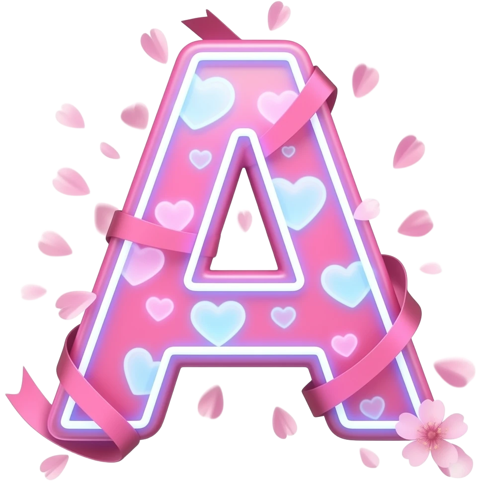 A sleek, hot pink, glowing letter 'A' adorned with satin ribbons and glowing neon-blue hearts. Surrounded by floating cherry blossom petals and golden bokeh. Vibrant, modern, and feminine with a cinematic glow emoji