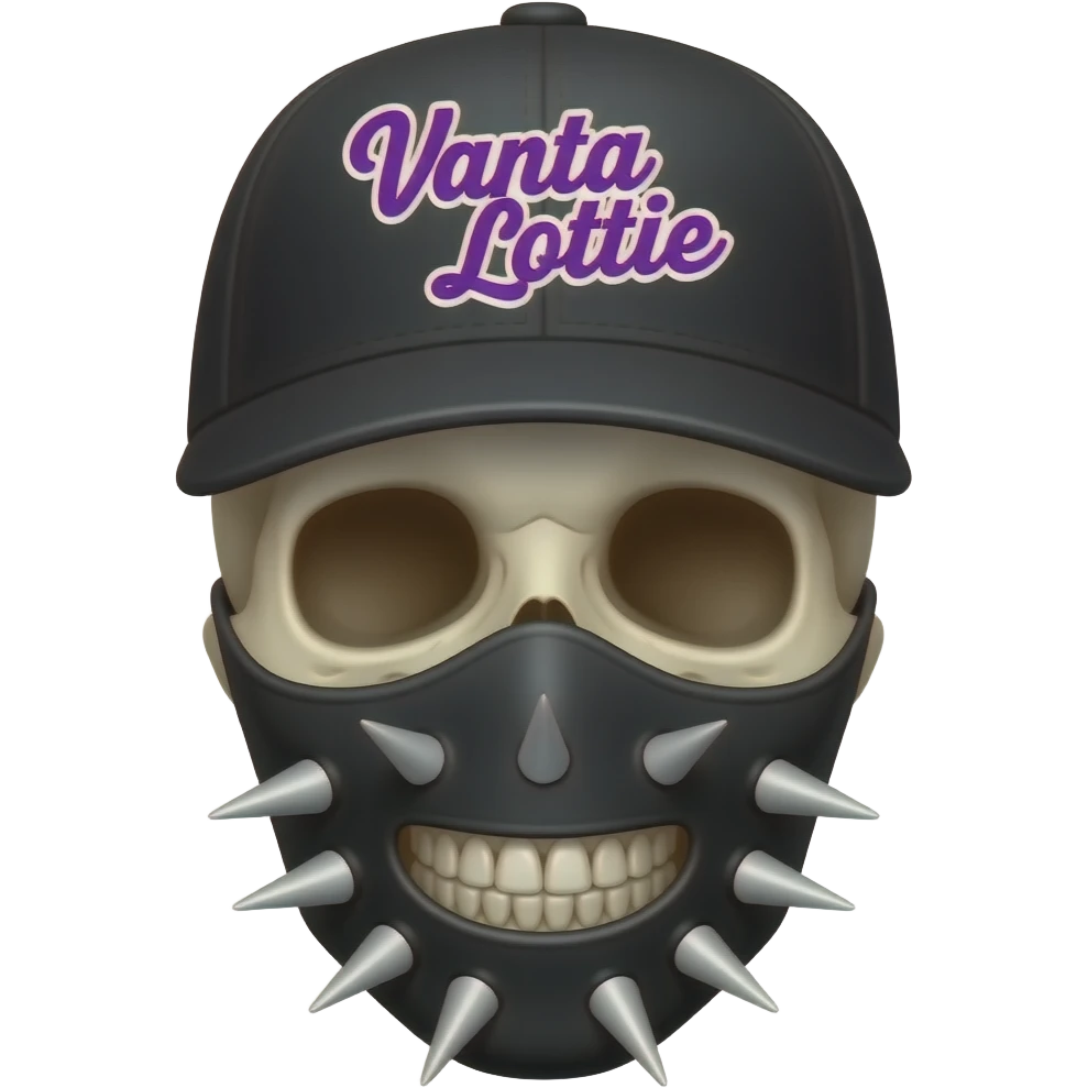 A skeleton head thats wearing a black baseball cap that says "Vanta Lottie" with purple lettering and white bordering, with no hair, with a black mask that has spikes on the mask over the teeth area emoji