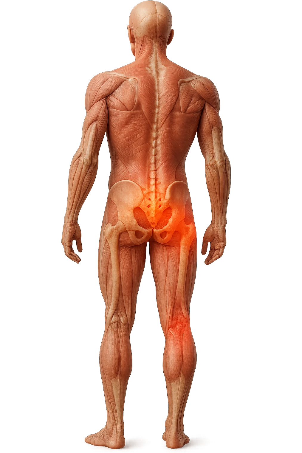 CORPO UMANO ANATOMICO A FIGURA INTERA REALISTICO DI SPALLE CON DOLORE ALLA LOMBARE INFIAMMATA, DOLORE ALL'ANCA, IPERREALISTICO 4K emoji
