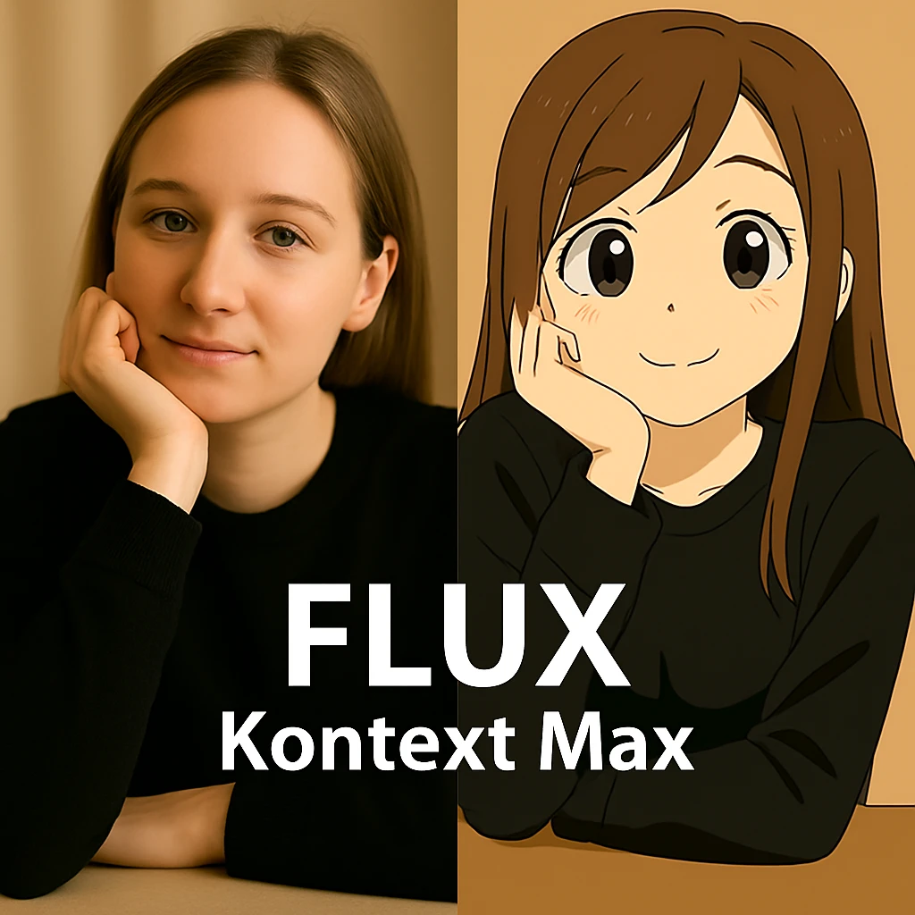 same similar image but chnage the text to "Flux Kontext Max", change people and pose too emoji