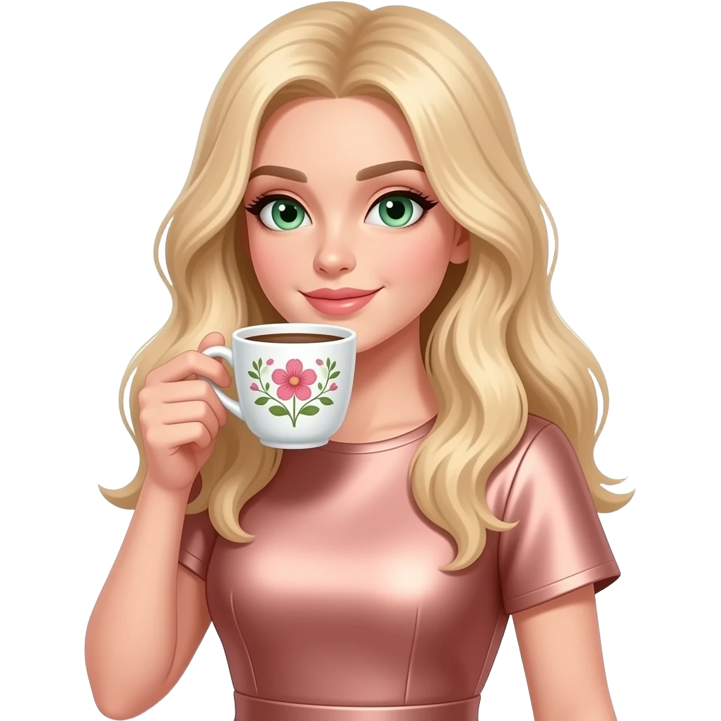 A beautiful blonde model with long hair and green eyes, wearing a rose gold dress with short details, drinking coffee from a white cup with floral details. emoji