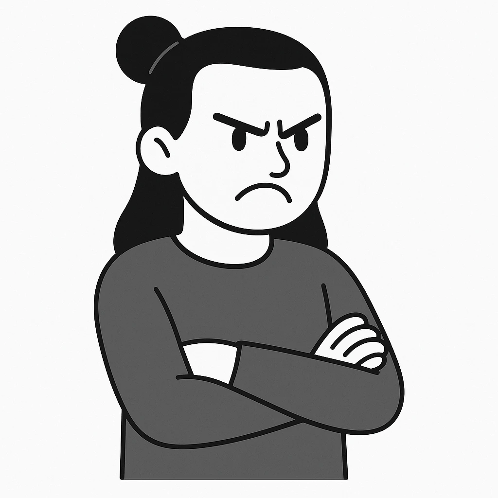 minimalist style angry man with long black hair tied in a bun, arms crossed, dressed in black emoji