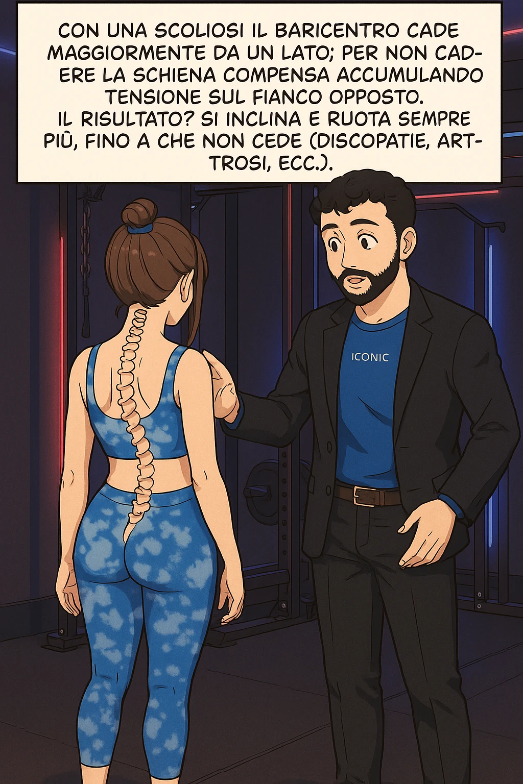 fai questa immagine in versione manga/webtoon a colori, il manga mostra la donna di spalle, mentre l'uomo le tocca la spina dorsale per spiegarle come funziona la scoliosi:
Con una scoliosi il baricentro corporeo cade maggiormente da un lato; per non cadere la schiena compensa accumulando tensione sul fianco opposto.
Il risultato? Si inclina e ruota sempre più, fino a che non cede (discopatie, artrosi, ecc) emoji