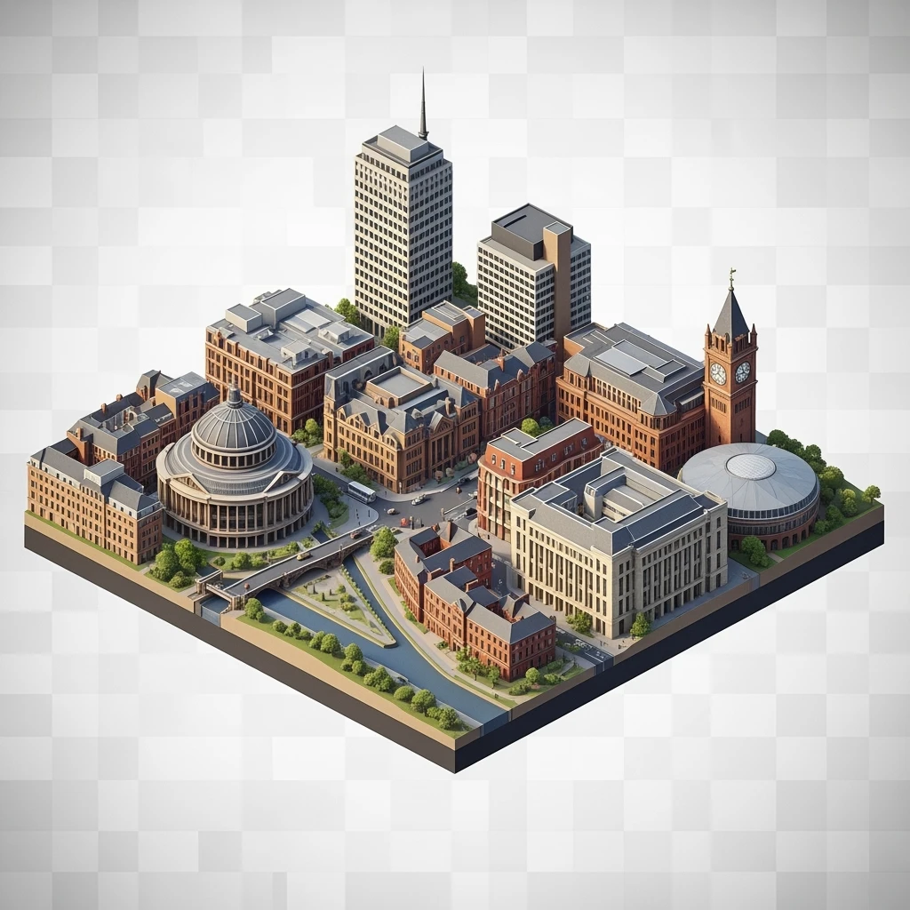 Isometric illustration-model of panorama view Birmingham with photorealistic main buildings, balanced between stylized and realistic, 3D miniature effect, transparent background. emoji