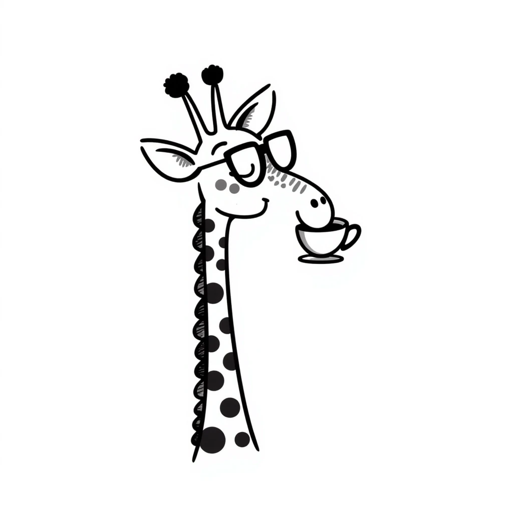 Giraffe with silly glasses trying to drink from a tiny tea cup emoji